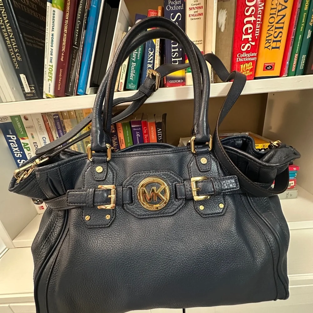 Michael Kors Navy Leather Satchel with Gold-Tone MK Emblem